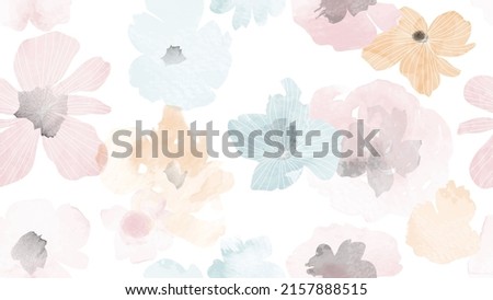 Abstract floral in seamless pattern background. Colorful flowers, flower petals, blooms, roses on wallpaper. Blossom fabric pattern with watercolor texture for banner, prints, packaging.