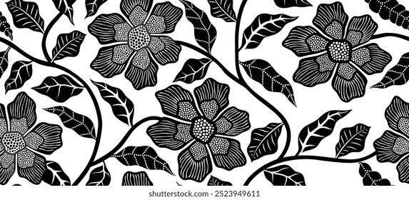 Abstractas patrón floral sin fisuras con estilo batik. flor negra y fondo de Vector de hojas.