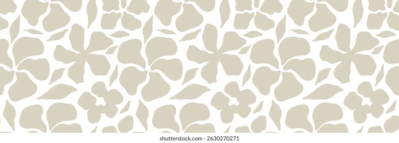 Abstraktes florales, nahtloses Muster mit beigen Blumen und Blättern auf weißem Hintergrund. Wiederholter botanischer Hintergrund für Stoff, Tapeten und Verpackungen. Minimale und moderne Vektorgrafik.
