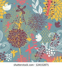 Abstract floral seamless pattern with birds for nature backgrounds