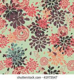 Abstract floral seamless pattern with birds