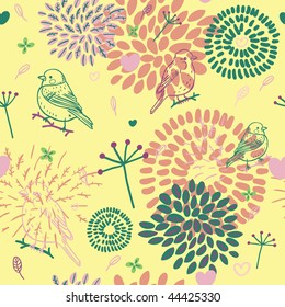 Abstract floral seamless pattern with birds