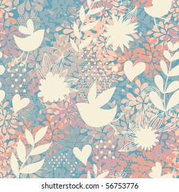 Resumen de patrones florales sin soldadura con pájaros y corazones en colores pastel