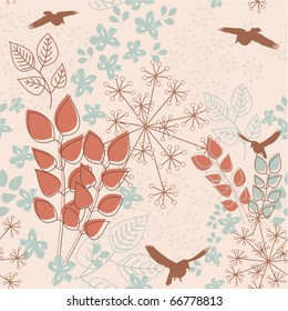 Abstract floral seamless pattern with birds