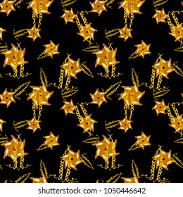 Abstract floral seamless pattern in black and yellow colors. Unusual flowers in chaotic order.  Vector background, backgrop, print for wrapping paper or cloth