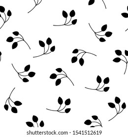 Abstract floral seamless pattern with black sprigs on white background. Template design for web page, textures, card, poster, fabric, textile. Hand draw doodle elements.