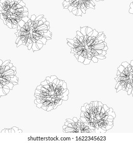 abstract floral seamless pattern with black thin lines sophisticated flowers silhouettes on white background, editable vector illustration for print, decoration, fabric, textile, wallpaper