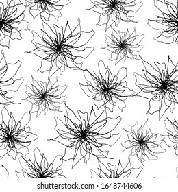 abstract floral seamless pattern with black thin lines sophisticated flowers silhouettes on white background, editable vector illustration for print, decoration, fabric, textile, wallpaper