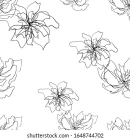 abstract floral seamless pattern with black thin lines sophisticated flowers silhouettes on white background, editable vector illustration for print, decoration, fabric, textile, wallpaper