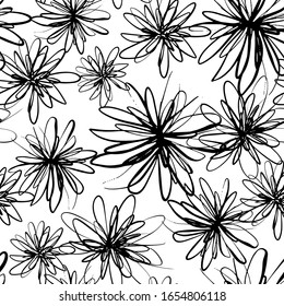 abstract floral seamless pattern with black thin lines sophisticated flowers silhouettes on white background, editable vector illustration for print, decoration, fabric, textile, wallpaper