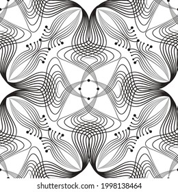 Abstract floral seamless pattern with black line oriental ornament Swirl geometric doodle asian fabric texture. Ornamental wave optical effect muslim retro background.