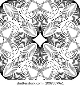 Resumen de patrón floral sin costura con línea negra ornamento oriental Tejido geométrico giratorio textura asiática de tela. Efecto óptico de ondas ornamentales fondo retro musulmán.