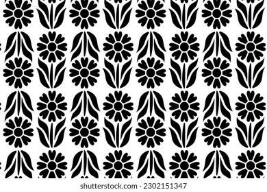 Abstract floral seamless pattern. Black and white stylized, decorative design. Endless repeating monochrome pattern with flat floral design elements.