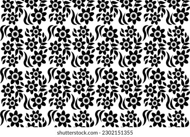 Abstract floral seamless pattern. Black and white stylized, decorative design. Endless repeating monochrome pattern with flat floral design elements.