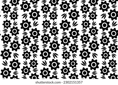 Abstract floral seamless pattern. Black and white stylized, decorative design. Endless repeating monochrome pattern with flat floral design elements.