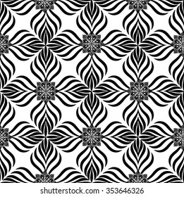 Abstract floral seamless pattern with black and white line ornament Swirl geometric doodle texture. Ornamental wave optical effect background.