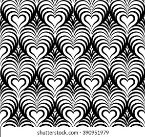 Abstract floral seamless pattern with black and white line heart shape ornament Swirl geometric doodle texture. Ornamental wave optical effect background.