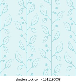 Abstract floral seamless pattern with blue vertical branches, leaves and berries; floral design for fabric, wallpaper, textile, web design.