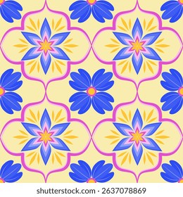 Abstract floral seamless pattern with blue and yellow flower motifs on a light background. Hand-drawn, vector, botanical, cute flowers, Perfect for textile, print, wallpaper, and surface design, rug.