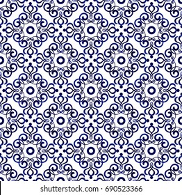 Abstract floral seamless pattern, blue ceramic background vector