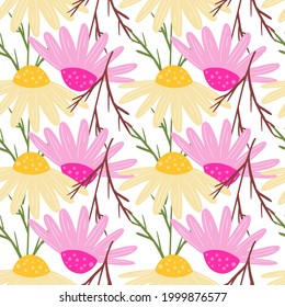 Abstract floral seamless pattern with botanic pink and yellow calendula elements. Isolated backdrop. Designed for fabric design, textile print, wrapping, cover. Vector illustration.