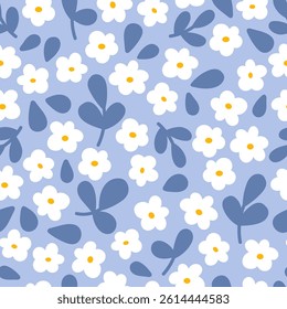 Abstract floral seamless pattern. Botanical print for baby. Cute gentle doodle white flowers on a blue background. Vector illustration.