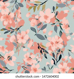 Abstract floral seamless pattern. Bright colors, painting on a light background. Cherry blossoms.