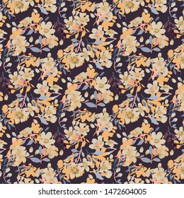 Abstract floral seamless pattern. Bright colors, painting on a dark background. Cherry blossoms.