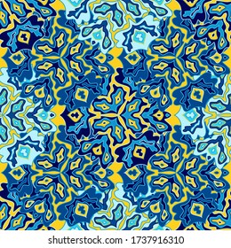 Resumen de patrones florales sin costura en colores positivos brillantes de verano. El medallón de Mandala deja ornamento de fluidos. Patrón orgánico floral sin soldadura. Diseño de mosaicos psicodélicos. Motivos tribales.