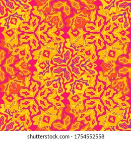 Abstraktes, florales nahtloses Muster in hellen Sommerfarben. Mandala medallion Flüssigkeit Blätter Zierde. Organisches, florales nahtloses Muster. Psychedelisches Flickwerk-Design. Orientalische Motive.