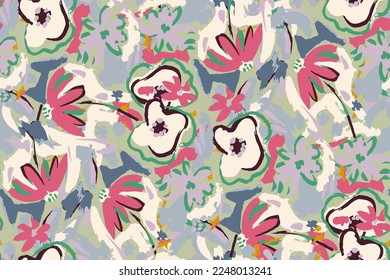 Abstract floral seamless pattern. Bright colors, gouache painting.