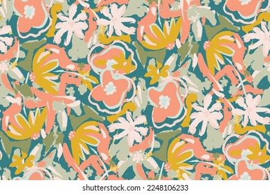 Abstract floral seamless pattern. Bright colors, gouache painting.