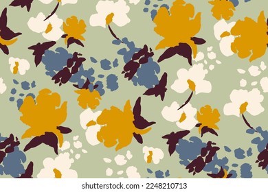 Abstract floral seamless pattern. Bright colors, gouache painting.