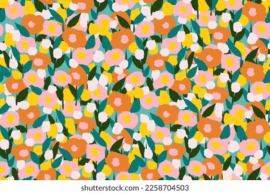 Abstract floral seamless pattern. Bright colors, gouache painting.