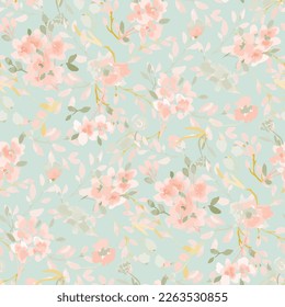 Abstract floral seamless pattern. Bright colors, painting on a light background. Cherry blossoms.