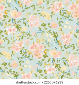 Abstract floral seamless pattern. Bright colors, painting on a light background. Cherry blossoms.