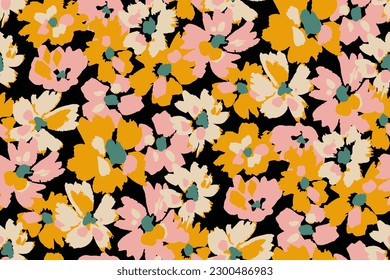 Abstract floral seamless pattern. Bright colors, gouache painting.