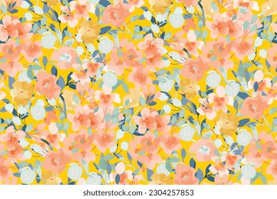 Abstract floral seamless pattern. Bright colors, painting on a light background. Cherry blossoms.