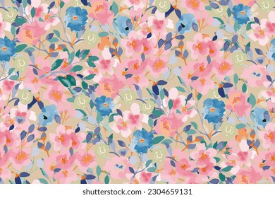 Abstract floral seamless pattern. Bright colors, painting on a light background. Cherry blossoms.