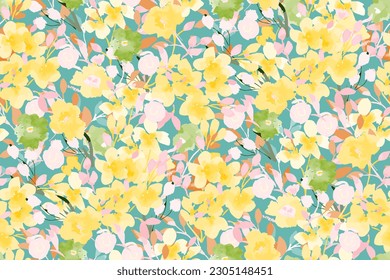 Abstract floral seamless pattern. Bright colors, painting on a light background. Cherry blossoms.