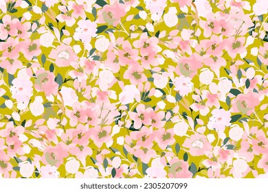 Abstract floral seamless pattern. Bright colors, painting on a light background. Cherry blossoms.