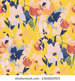 Abstract floral seamless pattern. Bright colors, gouache painting.