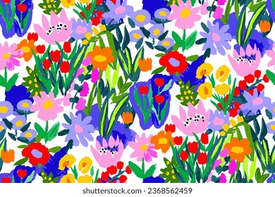 Abstract floral seamless pattern. Bright colors, gouache painting.hand drawn, not AI