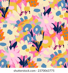 Abstract floral seamless pattern. Bright colors, gouache painting.hand drawn, not AI