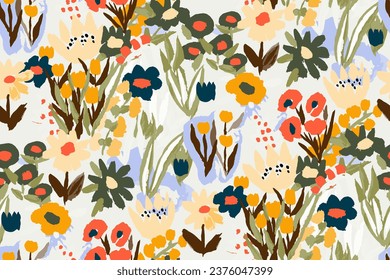 Abstract floral seamless pattern. Bright colors, gouache painting.hand drawn, not AI