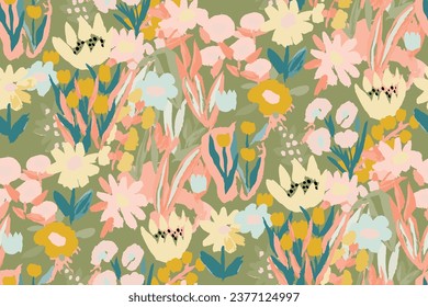 Abstract floral seamless pattern. Bright colors, gouache painting.hand drawn, not AI