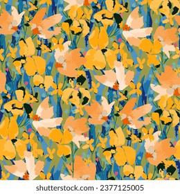 Abstract floral seamless pattern. Bright colors, gouache painting.hand drawn, not AI