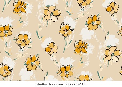 Abstract floral seamless pattern. Bright colors, painting on a light background. Cherry and iris blossoms.hand drawn, not AI