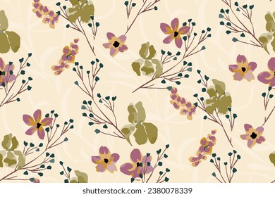 Abstract floral seamless pattern. Bright colors, painting on a light background. Cherry and iris blossoms.hand drawn, not AI