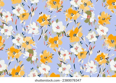 Abstract floral seamless pattern. Bright colors, painting on a light background. Cherry and iris blossoms.hand drawn, not AI